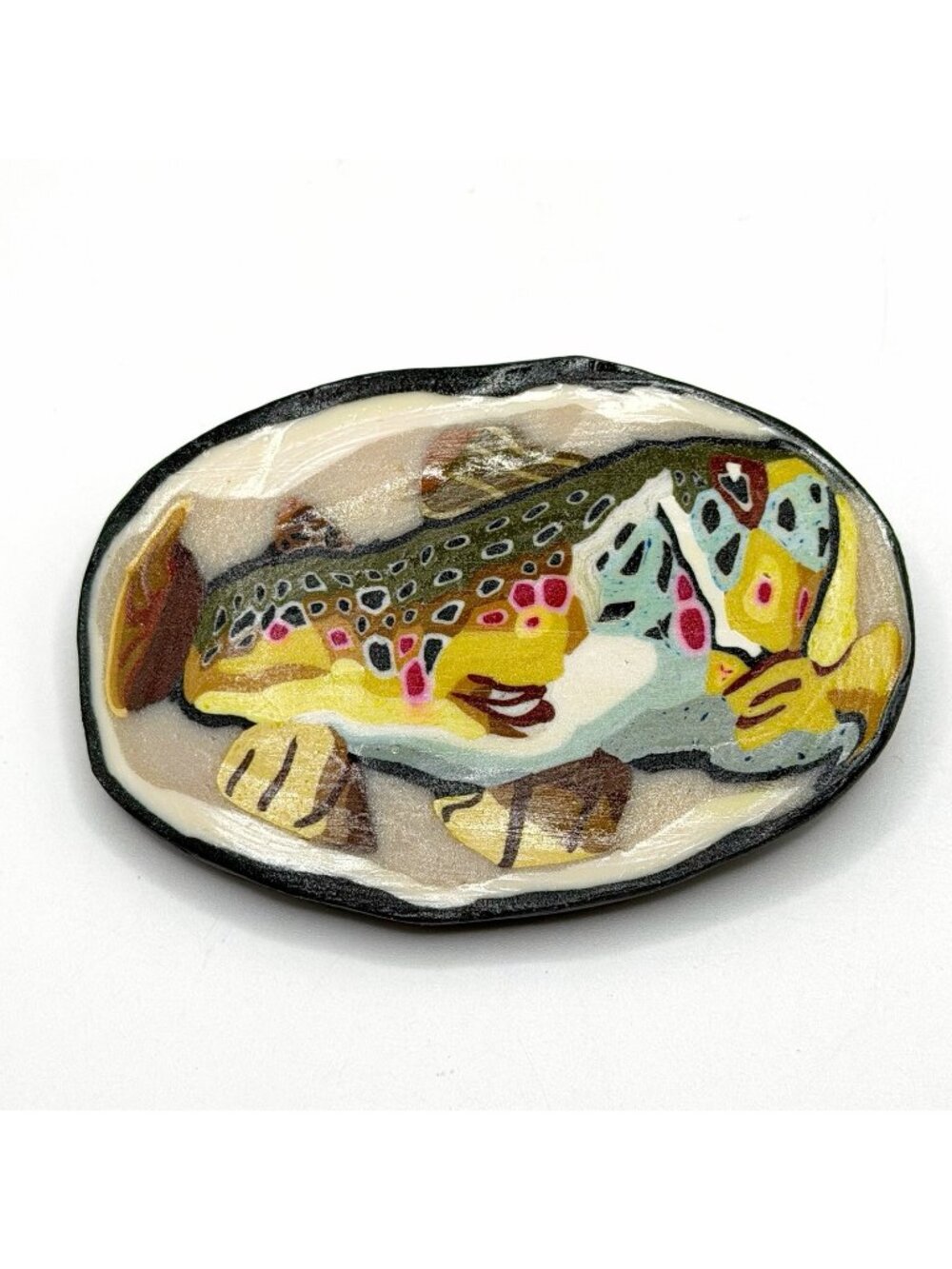 Polymer Clay Colorful Abstract Brown‎ Trout Brooch Pin 3”x2”